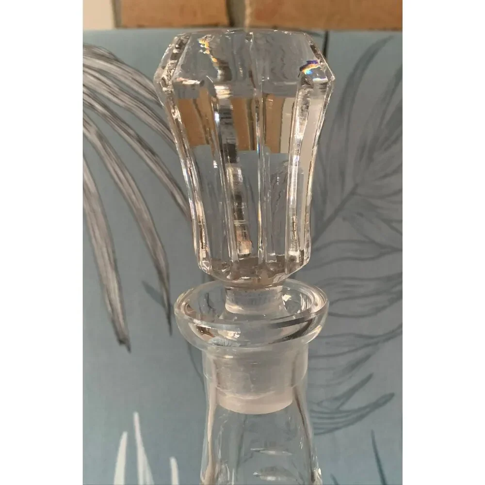 GLASS CRYSTAL Etched Cut to Clear Decanter Bottle with Stopper Top 14”